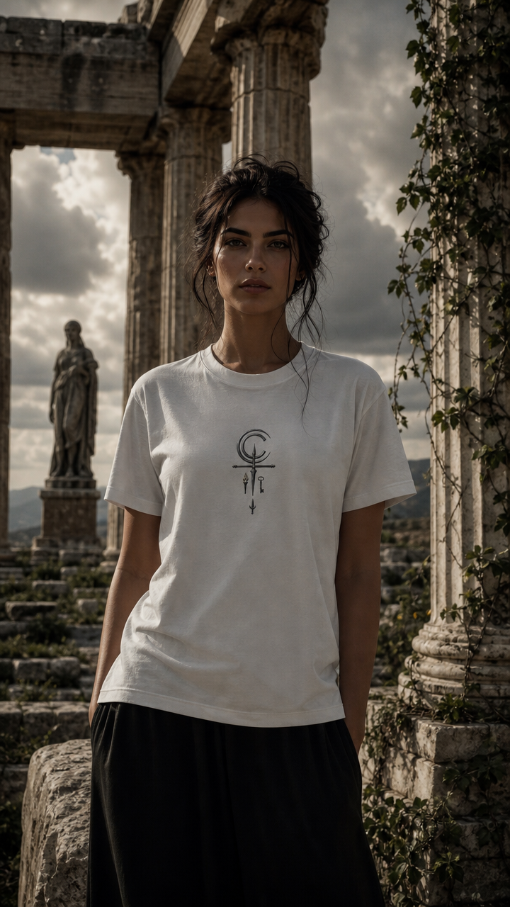Schweres, textilgefärbtes Unisex-T-Shirt mit Hekate-Symbolik