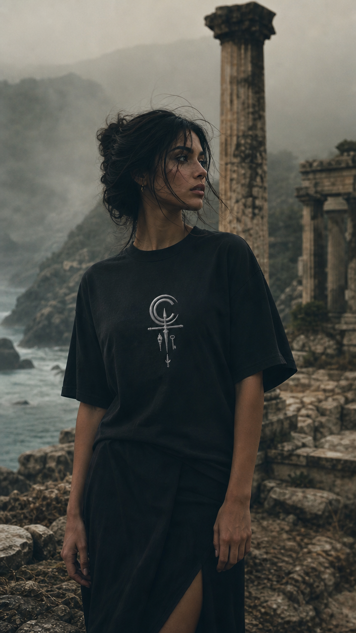 Schweres, textilgefärbtes Unisex-T-Shirt mit Hekate-Symbolik
